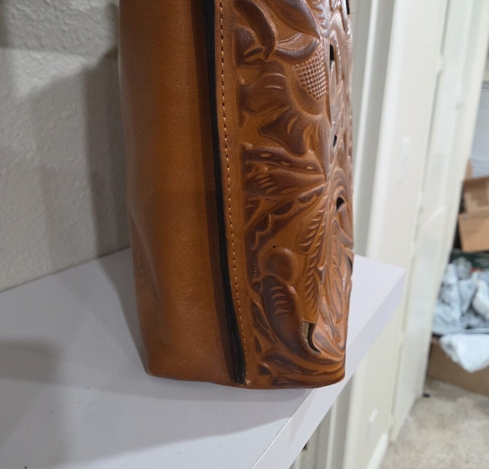 Patricia Nash Large Handcrafted Brown Floral Tooled Leather Tote Bag 13x11x5 - Picture 3 of 8